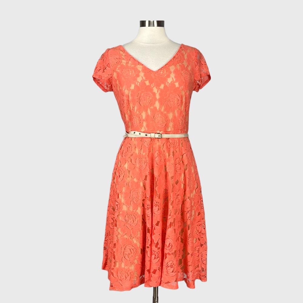J Taylor Womens Short Sleeve Belted Dress Coral Orange Lace Pleated size 8